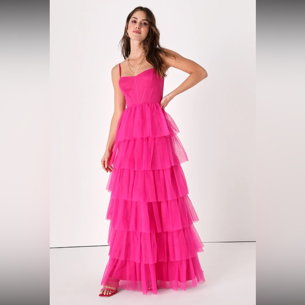 NWOT Rule the Runway Hot Pink Tulle Bustier Tiered Maxi Dress